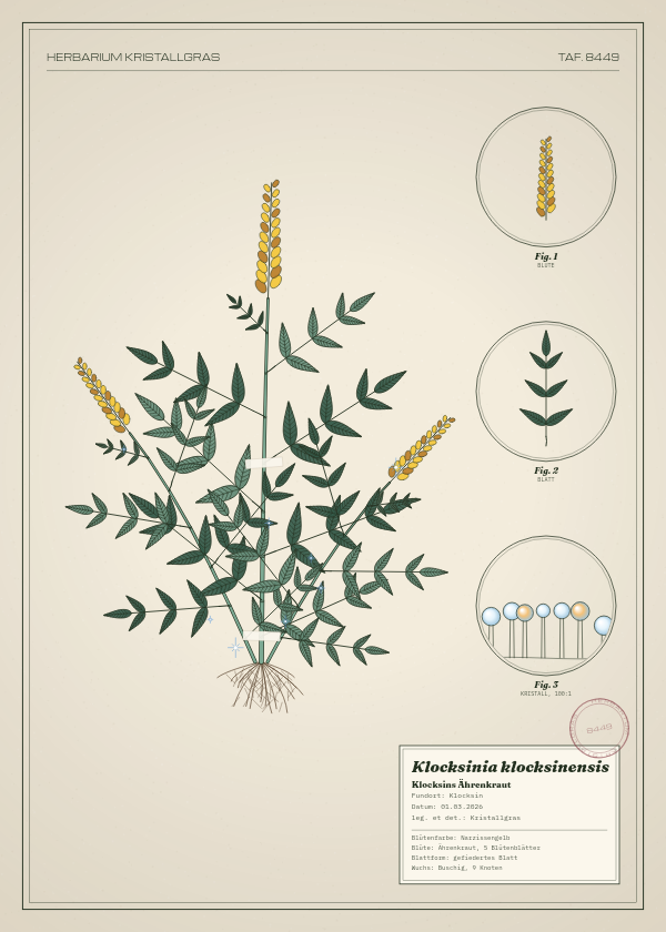 Botanische Tafel: Klocksinia klocksinensis, eine erfundene Pflanze aus Klocksin, gezeichnet wie in einem alten Pflanzenatlas