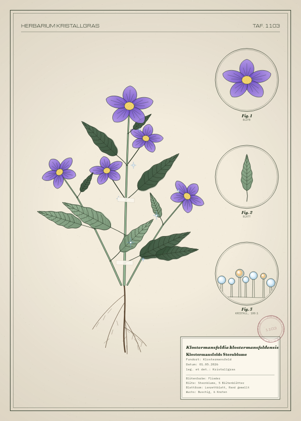 Botanische Tafel: Klostermansfeldia klostermansfeldensis, eine erfundene Pflanze aus Klostermansfeld, gezeichnet wie in einem alten Pflanzenatlas