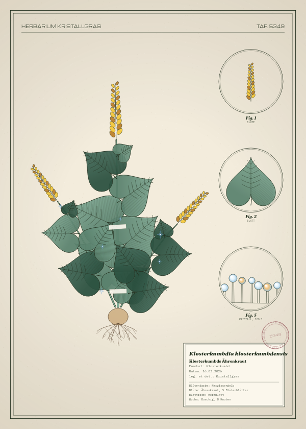 Botanische Tafel: Klosterkumbdia klosterkumbdensis, eine erfundene Pflanze aus Klosterkumbd, gezeichnet wie in einem alten Pflanzenatlas
