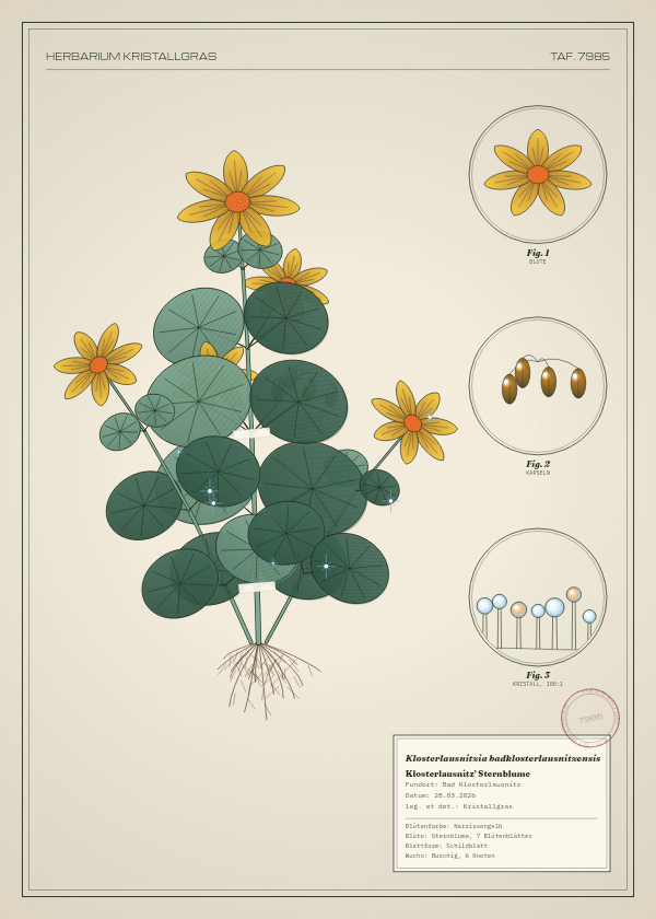 Botanische Tafel: Klosterlausnitzia badklosterlausnitzensis, eine erfundene Pflanze aus Bad Klosterlausnitz, gezeichnet wie in einem alten Pflanzenatlas