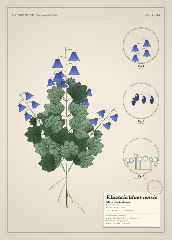 Botanische Tafel: Kluetzia kluetzensis, eine erfundene Pflanze aus Klütz, gezeichnet wie in einem alten Pflanzenatlas