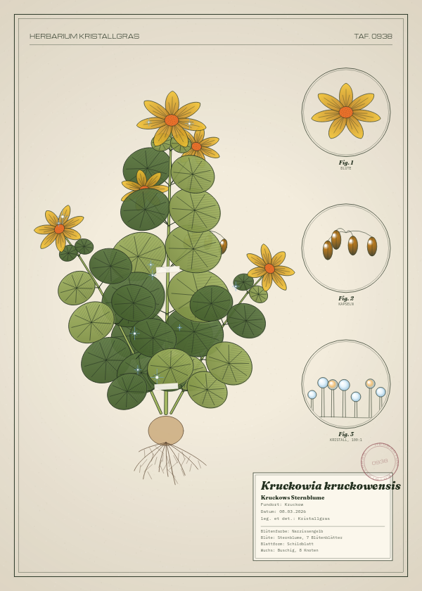 Botanische Tafel: Kruckowia kruckowensis, eine erfundene Pflanze aus Kruckow, gezeichnet wie in einem alten Pflanzenatlas