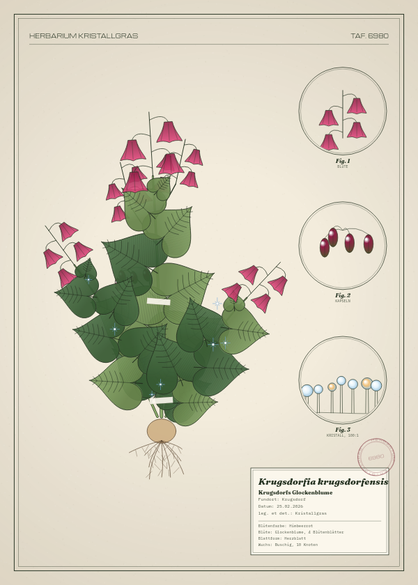 Botanische Tafel: Krugsdorfia krugsdorfensis, eine erfundene Pflanze aus Krugsdorf, gezeichnet wie in einem alten Pflanzenatlas