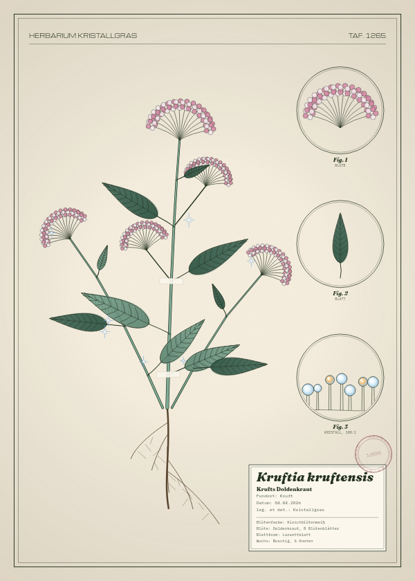 Botanische Tafel: Kruftia kruftensis, eine erfundene Pflanze aus Kruft, gezeichnet wie in einem alten Pflanzenatlas