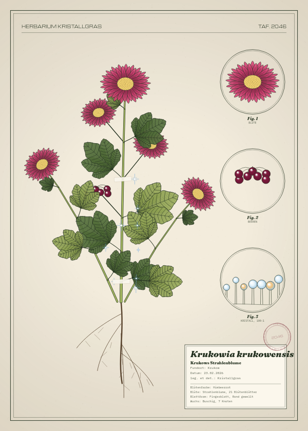 Botanische Tafel: Krukowia krukowensis, eine erfundene Pflanze aus Krukow, gezeichnet wie in einem alten Pflanzenatlas