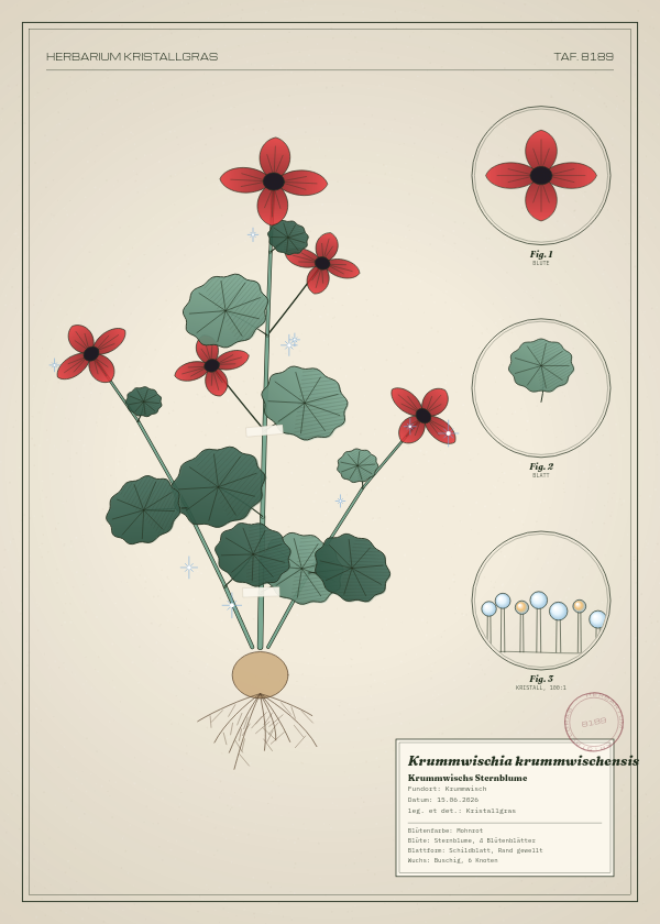 Botanische Tafel: Krummwischia krummwischensis, eine erfundene Pflanze aus Krummwisch, gezeichnet wie in einem alten Pflanzenatlas