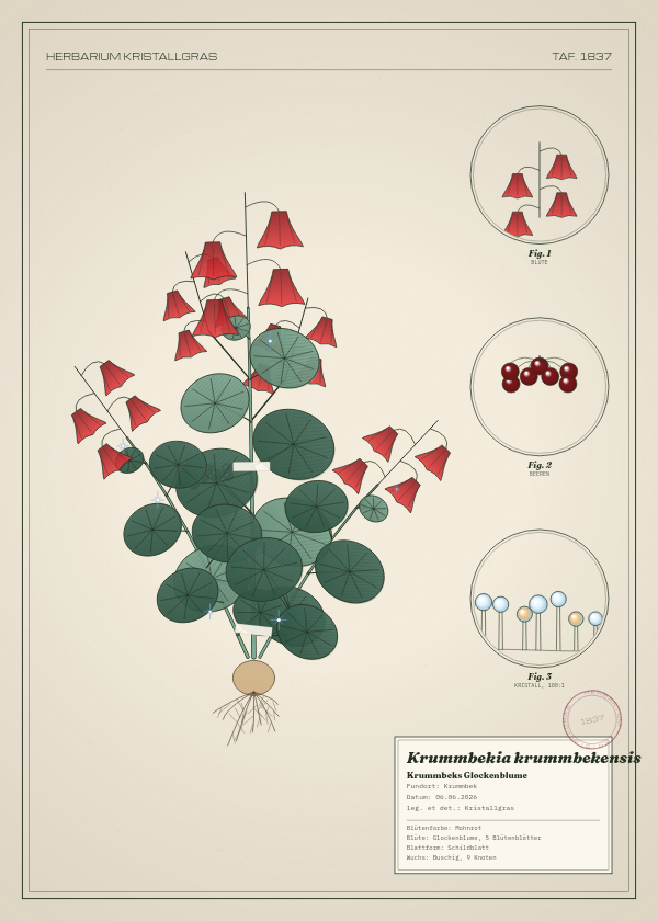 Botanische Tafel: Krummbekia krummbekensis, eine erfundene Pflanze aus Krummbek, gezeichnet wie in einem alten Pflanzenatlas
