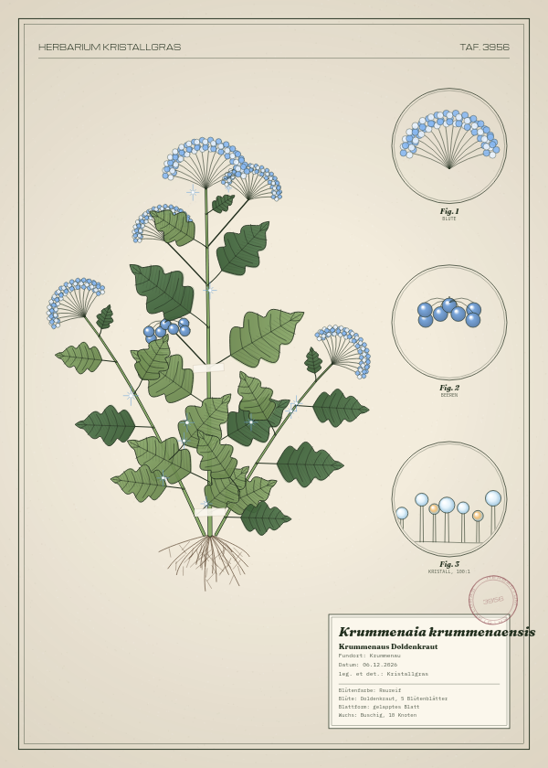 Botanische Tafel: Krummenaia krummenaensis, eine erfundene Pflanze aus Krummenau, gezeichnet wie in einem alten Pflanzenatlas