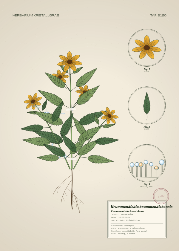 Botanische Tafel: Krummendiekia krummendiekensis, eine erfundene Pflanze aus Krummendiek, gezeichnet wie in einem alten Pflanzenatlas