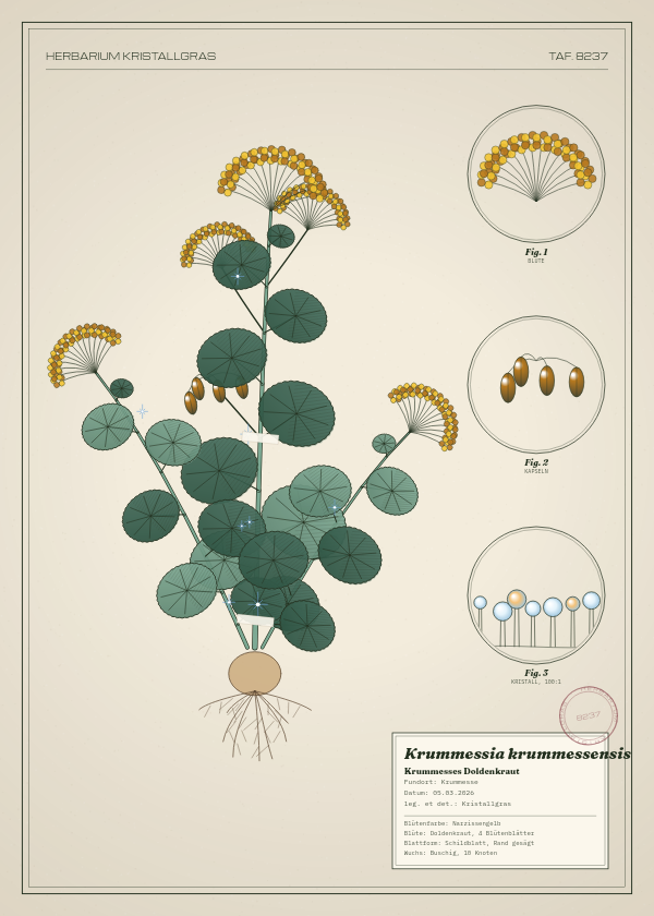 Botanische Tafel: Krummessia krummessensis, eine erfundene Pflanze aus Krummesse, gezeichnet wie in einem alten Pflanzenatlas