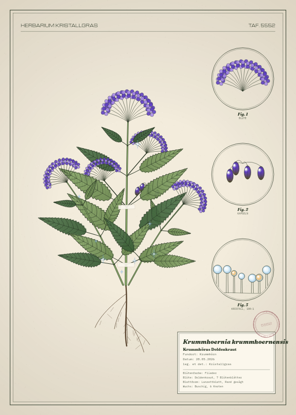Botanische Tafel: Krummhoernia krummhoernensis, eine erfundene Pflanze aus Krummhörn, gezeichnet wie in einem alten Pflanzenatlas