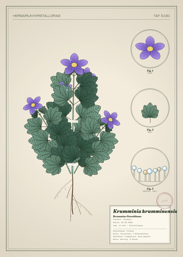 Botanische Tafel: Krumminia krumminensis, eine erfundene Pflanze aus Krummin, gezeichnet wie in einem alten Pflanzenatlas