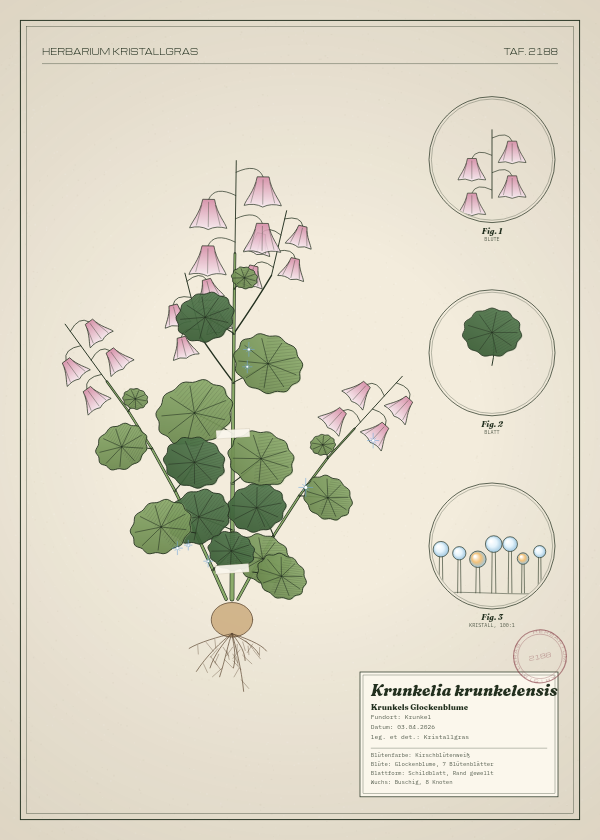 Botanische Tafel: Krunkelia krunkelensis, eine erfundene Pflanze aus Krunkel, gezeichnet wie in einem alten Pflanzenatlas