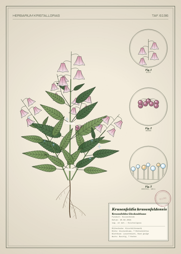 Botanische Tafel: Krusenfeldia krusenfeldensis, eine erfundene Pflanze aus Krusenfelde, gezeichnet wie in einem alten Pflanzenatlas
