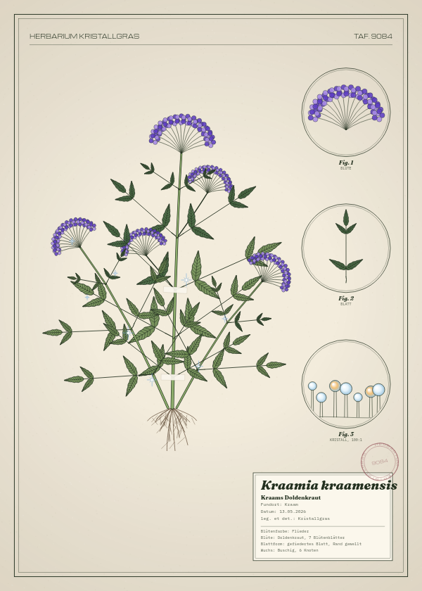 Botanische Tafel: Kraamia kraamensis, eine erfundene Pflanze aus Kraam, gezeichnet wie in einem alten Pflanzenatlas