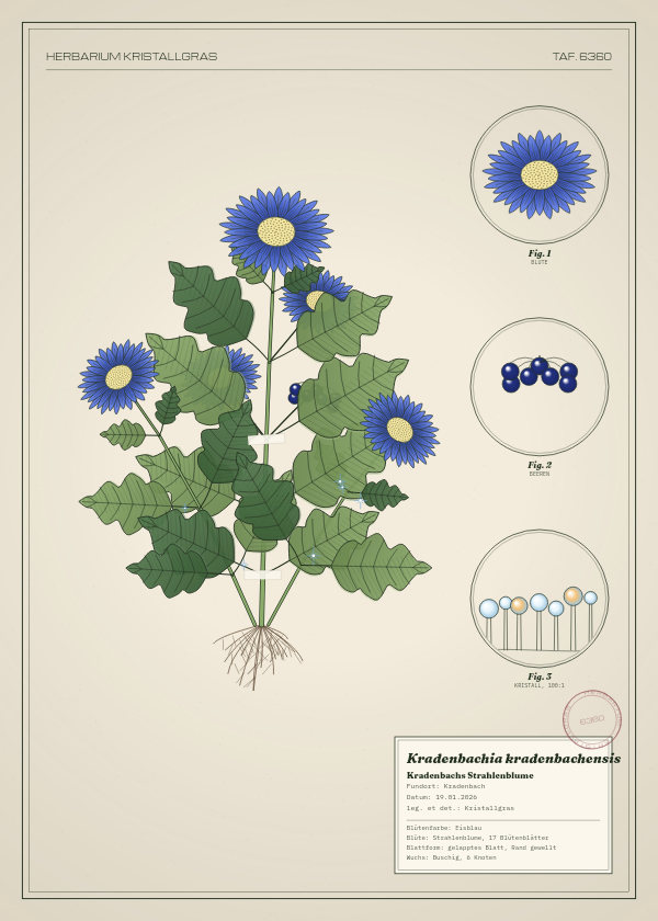 Botanische Tafel: Kradenbachia kradenbachensis, eine erfundene Pflanze aus Kradenbach, gezeichnet wie in einem alten Pflanzenatlas