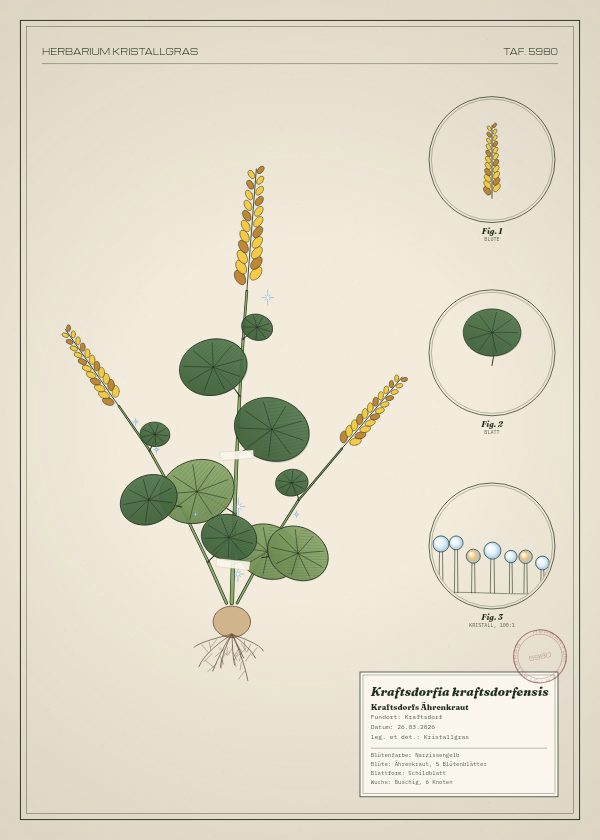 Botanische Tafel: Kraftsdorfia kraftsdorfensis, eine erfundene Pflanze aus Kraftsdorf, gezeichnet wie in einem alten Pflanzenatlas