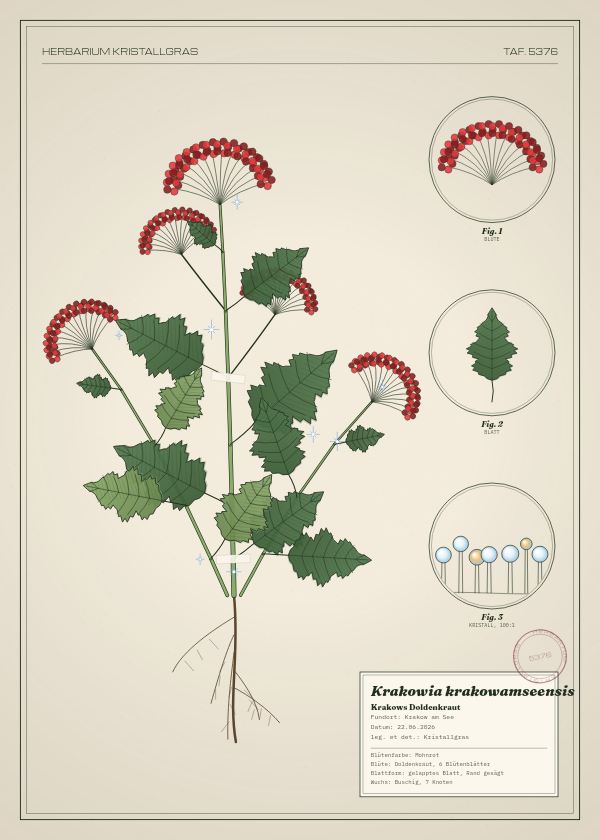 Botanische Tafel: Krakowia krakowamseensis, eine erfundene Pflanze aus Krakow am See, gezeichnet wie in einem alten Pflanzenatlas