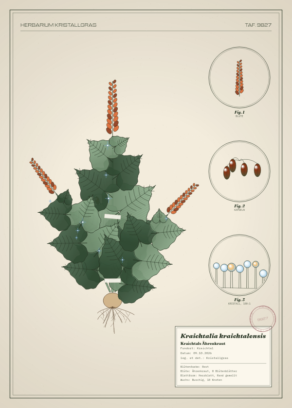 Botanische Tafel: Kraichtalia kraichtalensis, eine erfundene Pflanze aus Kraichtal, gezeichnet wie in einem alten Pflanzenatlas