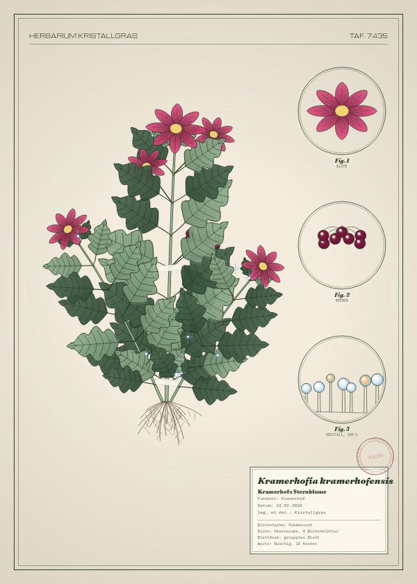 Botanische Tafel: Kramerhofia kramerhofensis, eine erfundene Pflanze aus Kramerhof, gezeichnet wie in einem alten Pflanzenatlas