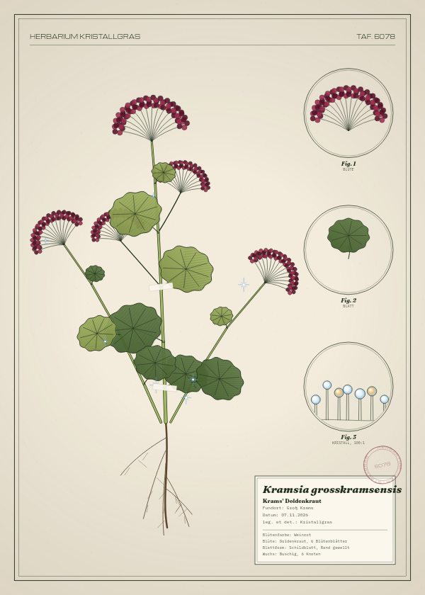 Botanische Tafel: Kramsia grosskramsensis, eine erfundene Pflanze aus Groß Krams, gezeichnet wie in einem alten Pflanzenatlas