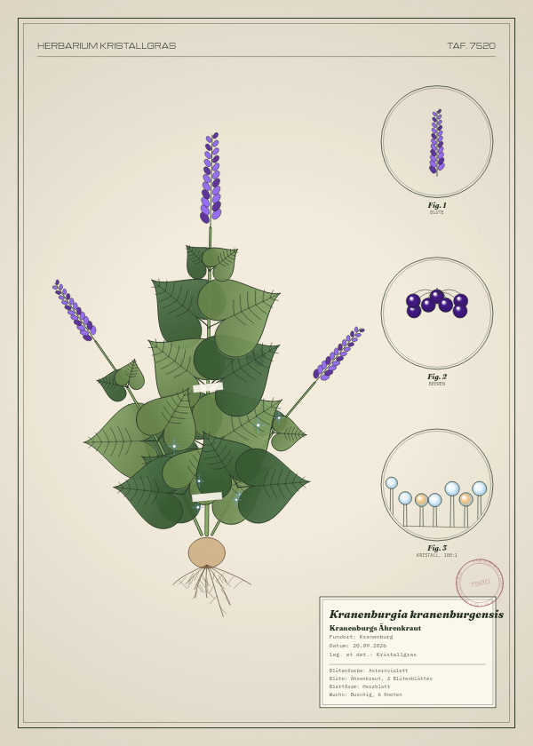 Botanische Tafel: Kranenburgia kranenburgensis, eine erfundene Pflanze aus Kranenburg, gezeichnet wie in einem alten Pflanzenatlas