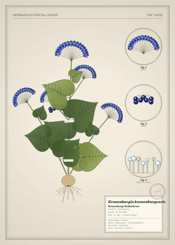 Botanische Tafel: Kranenburgia kranenburgensis, eine erfundene Pflanze aus Kranenburg, gezeichnet wie in einem alten Pflanzenatlas