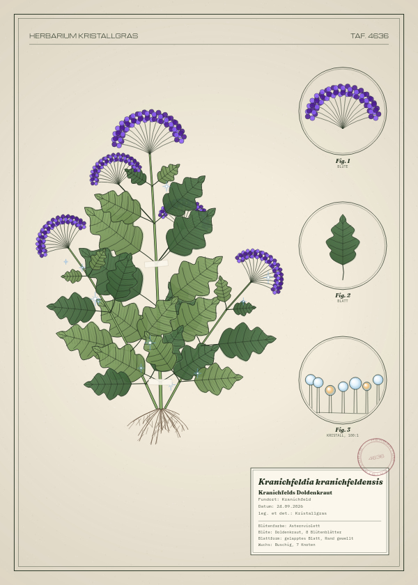 Botanische Tafel: Kranichfeldia kranichfeldensis, eine erfundene Pflanze aus Kranichfeld, gezeichnet wie in einem alten Pflanzenatlas