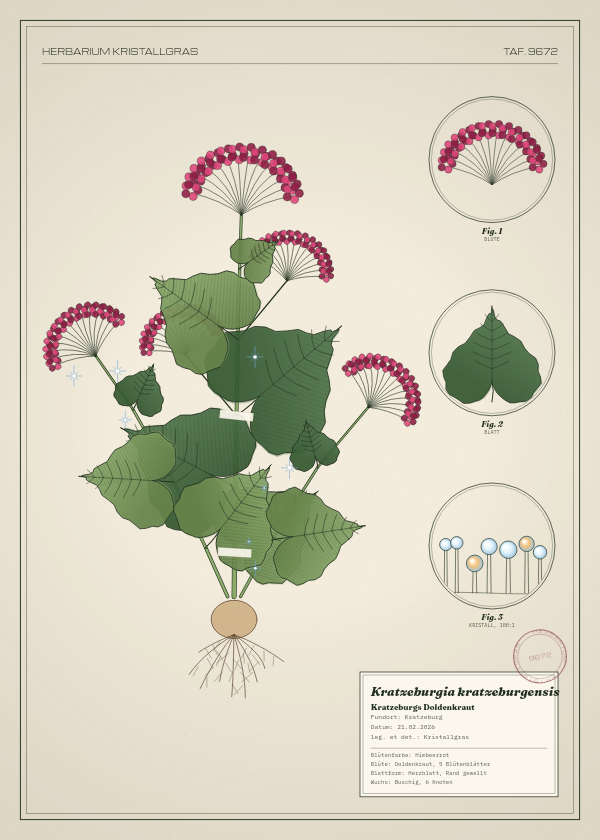 Botanische Tafel: Kratzeburgia kratzeburgensis, eine erfundene Pflanze aus Kratzeburg, gezeichnet wie in einem alten Pflanzenatlas