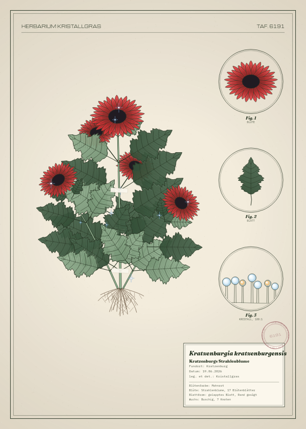Botanische Tafel: Kratzenburgia kratzenburgensis, eine erfundene Pflanze aus Kratzenburg, gezeichnet wie in einem alten Pflanzenatlas