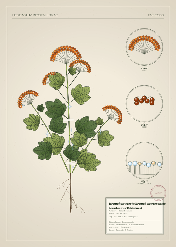 Botanische Tafel: Krauchenwiesia krauchenwiesensis, eine erfundene Pflanze aus Krauchenwies, gezeichnet wie in einem alten Pflanzenatlas