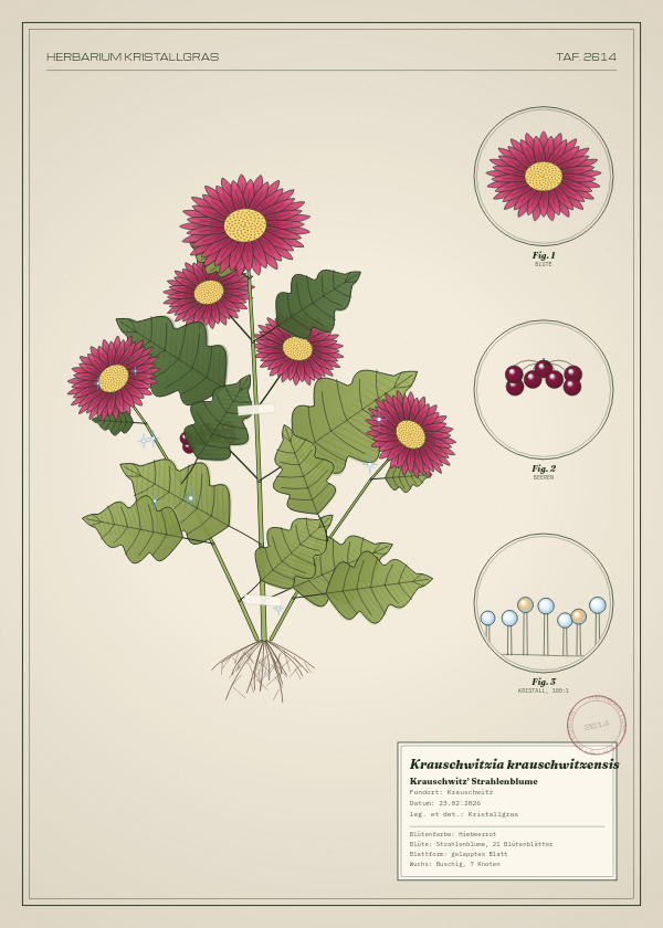 Botanische Tafel: Krauschwitzia krauschwitzensis, eine erfundene Pflanze aus Krauschwitz, gezeichnet wie in einem alten Pflanzenatlas