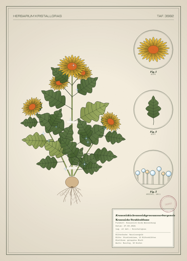Botanische Tafel: Krausnickia krausnickgrosswasserburgensis, eine erfundene Pflanze aus Krausnick-Groß Wasserburg, gezeichnet wie in einem alten Pflanzenatlas