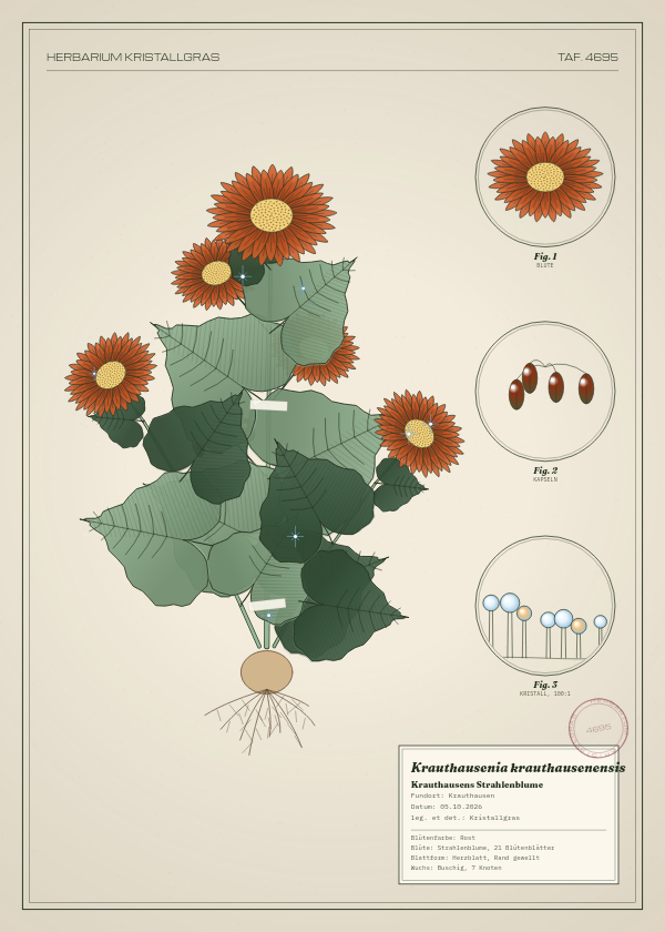 Botanische Tafel: Krauthausenia krauthausenensis, eine erfundene Pflanze aus Krauthausen, gezeichnet wie in einem alten Pflanzenatlas
