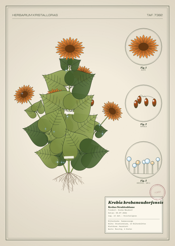Botanische Tafel: Krebia krebaneudorfensis, eine erfundene Pflanze aus Kreba-Neudorf, gezeichnet wie in einem alten Pflanzenatlas