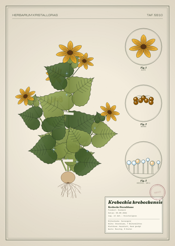Botanische Tafel: Krebeckia krebeckensis, eine erfundene Pflanze aus Krebeck, gezeichnet wie in einem alten Pflanzenatlas