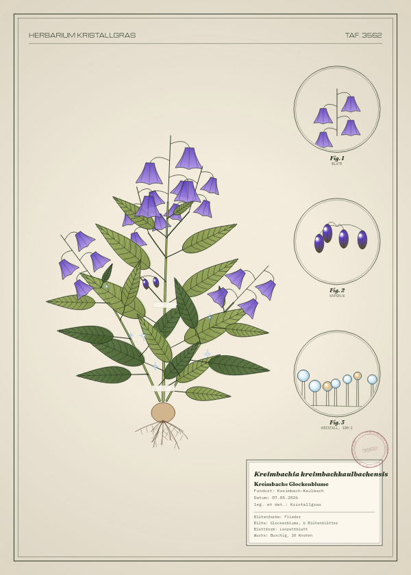 Botanische Tafel: Kreimbachia kreimbachkaulbachensis, eine erfundene Pflanze aus Kreimbach-Kaulbach, gezeichnet wie in einem alten Pflanzenatlas