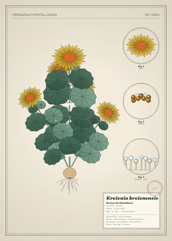 Botanische Tafel: Kreienia kreienensis, eine erfundene Pflanze aus Kreien, gezeichnet wie in einem alten Pflanzenatlas