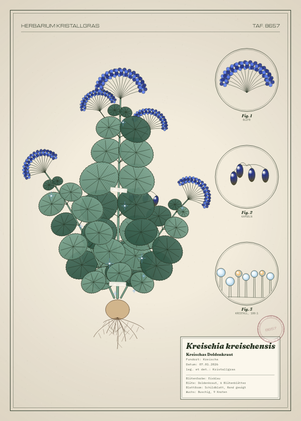 Botanische Tafel: Kreischia kreischensis, eine erfundene Pflanze aus Kreischa, gezeichnet wie in einem alten Pflanzenatlas