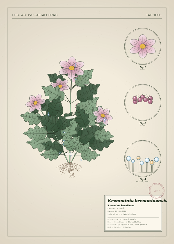 Botanische Tafel: Kremminia kremminensis, eine erfundene Pflanze aus Kremmin, gezeichnet wie in einem alten Pflanzenatlas