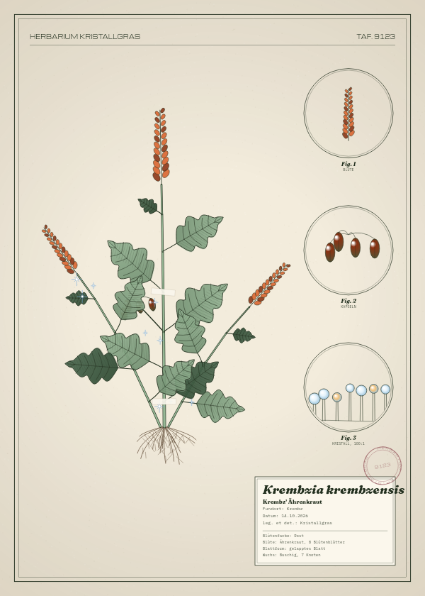 Botanische Tafel: Krembzia krembzensis, eine erfundene Pflanze aus Krembz, gezeichnet wie in einem alten Pflanzenatlas