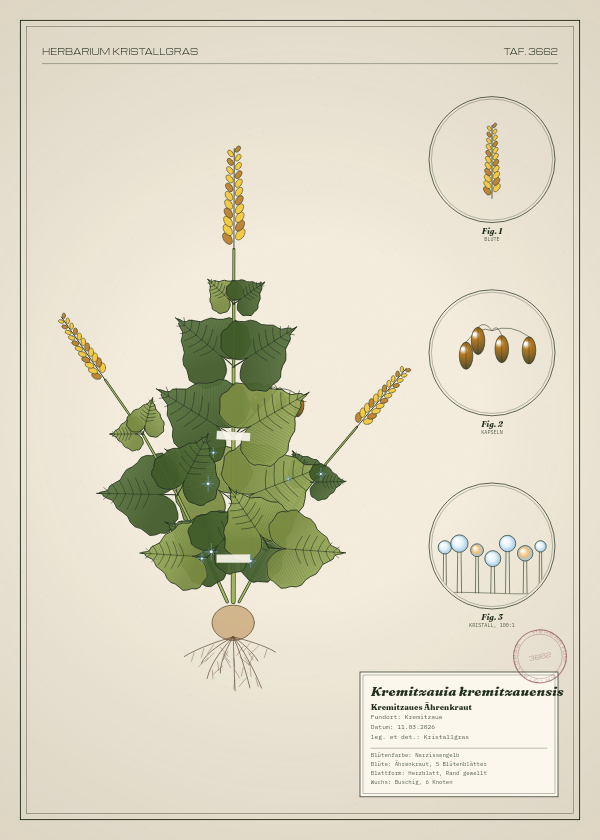 Botanische Tafel: Kremitzauia kremitzauensis, eine erfundene Pflanze aus Kremitzaue, gezeichnet wie in einem alten Pflanzenatlas