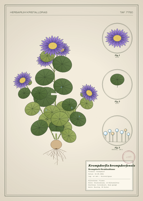 Botanische Tafel: Krempdorfia krempdorfensis, eine erfundene Pflanze aus Krempdorf, gezeichnet wie in einem alten Pflanzenatlas