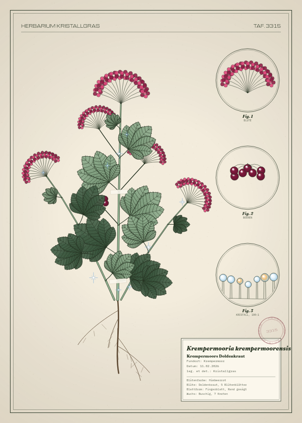 Botanische Tafel: Krempermooria krempermoorensis, eine erfundene Pflanze aus Krempermoor, gezeichnet wie in einem alten Pflanzenatlas