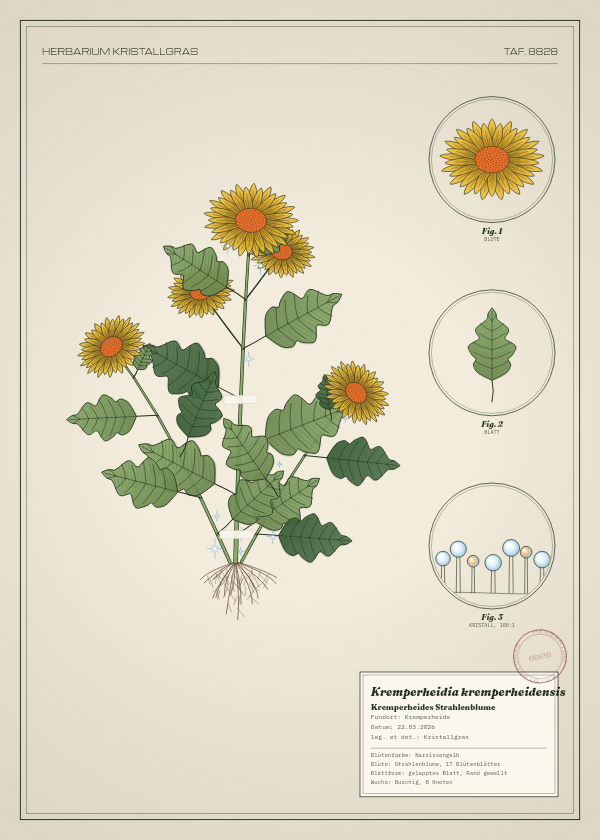 Botanische Tafel: Kremperheidia kremperheidensis, eine erfundene Pflanze aus Kremperheide, gezeichnet wie in einem alten Pflanzenatlas