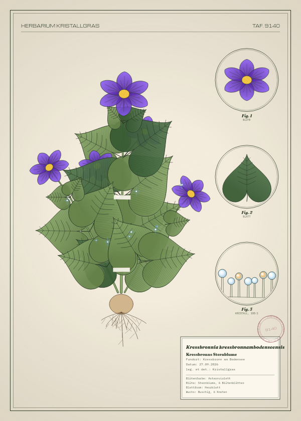 Botanische Tafel: Kressbronnia kressbronnambodenseensis, eine erfundene Pflanze aus Kressbronn am Bodensee, gezeichnet wie in einem alten Pflanzenatlas