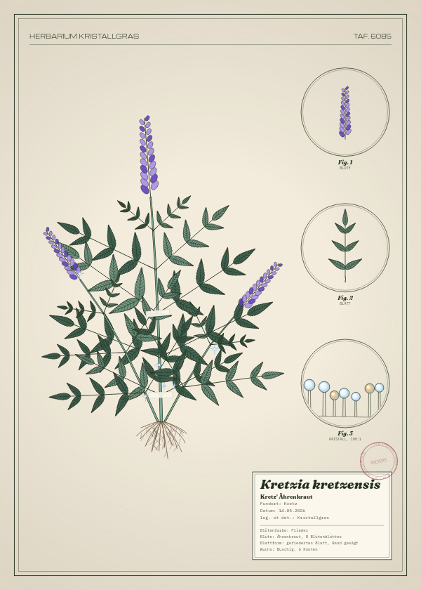 Botanische Tafel: Kretzia kretzensis, eine erfundene Pflanze aus Kretz, gezeichnet wie in einem alten Pflanzenatlas