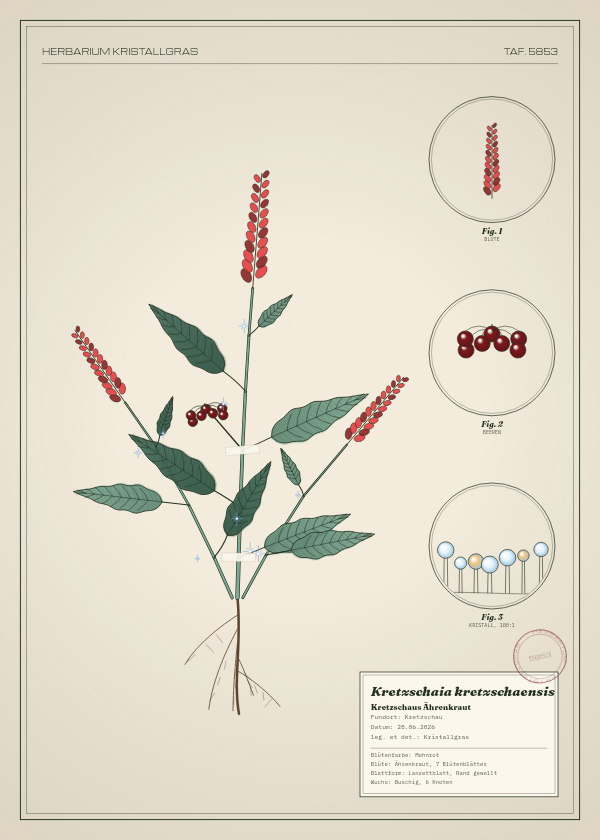 Botanische Tafel: Kretzschaia kretzschaensis, eine erfundene Pflanze aus Kretzschau, gezeichnet wie in einem alten Pflanzenatlas