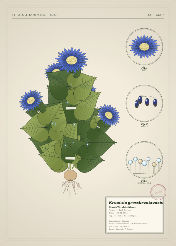 Botanische Tafel: Kreutzia grosskreutzensis, eine erfundene Pflanze aus Groß Kreutz, gezeichnet wie in einem alten Pflanzenatlas