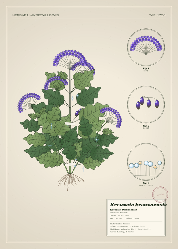 Botanische Tafel: Kreuzaia kreuzaensis, eine erfundene Pflanze aus Kreuzau, gezeichnet wie in einem alten Pflanzenatlas